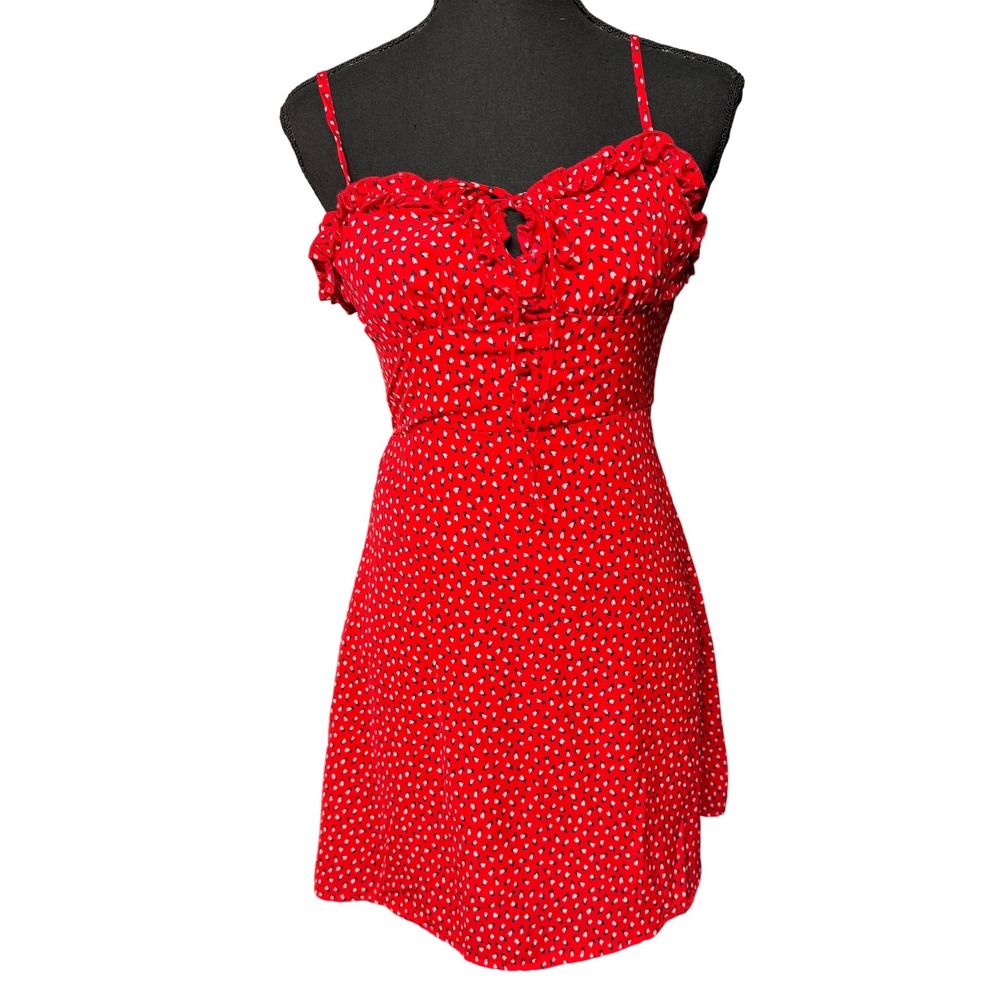 Princess Polly Red Floral Ruffle Mini Dress Tie Front Smocked Back Size US 4